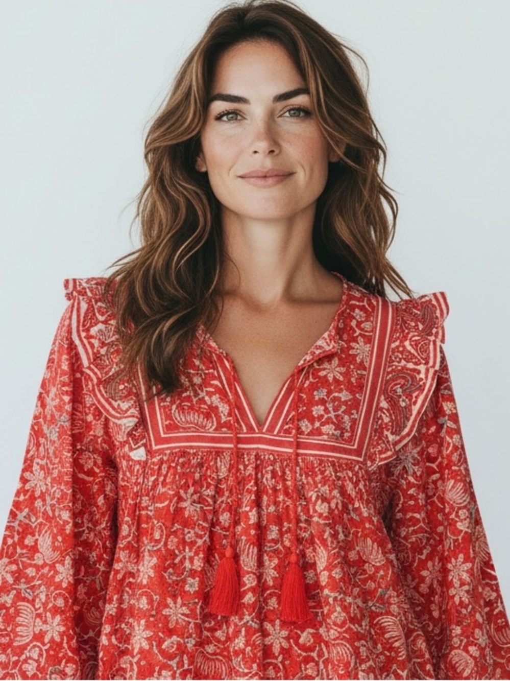 Cleobella Mylah Blouse - Red Floral Print Peasant Top Tassel Tie Ruffle shoulder
